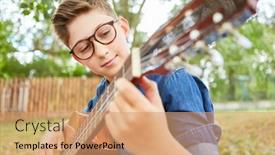  Presentation with summer camp show - Colorful PPT theme enhanced with child-playing-guitar backdrop and a coral colored foreground