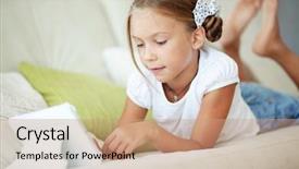  Presentation with ipad - Beautiful PPT theme featuring child playing on ipad tablet backdrop and a coral colored foreground