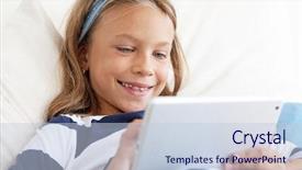  Presentation with ipad - Beautiful theme featuring young asian student woman holding a chalkboard isolated on white backdrop and a light gray colored foreground