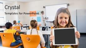  Presentation with child and adolescent identity development - Colorful slide deck enhanced with child posing with a tablet backdrop and a light gray colored foreground