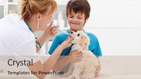  Presentation with veterinary - Slide set with child recieve treatment - boy at the veterinary doctor background and a coral colored foreground