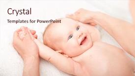  Presentation with massage therapist - Slide deck with child recieve treatment - three month baby girl is background and a sky blue colored foreground