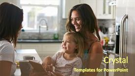  Presentation with kitchen equioment and utilises - Colorful presentation theme enhanced with child sex - female couple talking backdrop and a tawny brown colored foreground