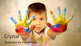  Presentation with colored - Audience pleasing presentation theme consisting of child showing his colored hands backdrop and a coral colored foreground