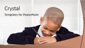  Presentation with homework - Slides enhanced with child testing - cute primary schoolboy writing homework background and a light gray colored foreground