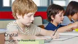  Presentation with school testing - Slide deck with child testing - lefthanded boy in elementary school background and a coral colored foreground