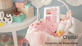  Presentation with baby shower gifts - Amazing slide set having child theme - wicker basket with gifts backdrop and a soft green colored foreground