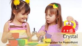  Presentation with tableware - Beautiful presentation theme featuring child toy - kids playing with plastic tableware backdrop and a blonde colored foreground