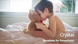  Presentation with sitting teddy bear isolated - Theme consisting of child toy - little cute boy with teddy background and a coral colored foreground