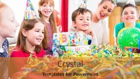  Presentation with mom - Presentation with child unwrapping birthday gift with friends at home birthday party mom is helping background and a gold colored foreground