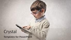  Presentation with tablet - Audience pleasing presentation design consisting of child using a tablet pc backdrop and a light gray colored foreground