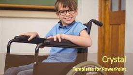  Presentation with disabled child - Audience pleasing slides consisting of child wheelchair - disabled pupil smiling at camera backdrop and a tawny brown colored foreground