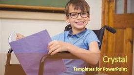 Presentation with disabled child - Amazing PPT layouts having child wheelchair - disabled pupil smiling at camera backdrop and a red colored foreground