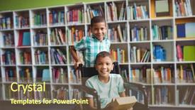  Presentation with books on bookshelf in library - Colorful slides enhanced with child wheelchair - little boys holding books backdrop and a  colored foreground