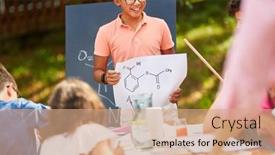  Presentation with summer camp - Colorful slide deck enhanced with child-with-a-molecule-drawing backdrop and a coral colored foreground