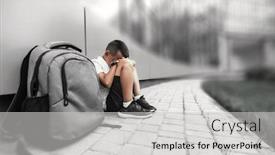  Presentation with backpack - PPT theme with child-with-backpack-in-depression background and a light gray colored foreground