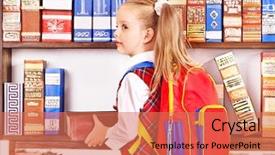  Presentation with backpack - PPT theme having child with backpack in library background and a coral colored foreground