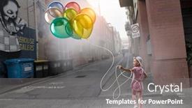  Presentation with balloons - Cool new PPT theme with child-with-balloons-mixed-media backdrop and a gray colored foreground