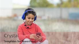  Presentation with blue music - Presentation design featuring child-with-dark-hair-listening background and a coral colored foreground