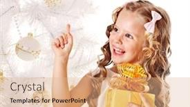  Presentation with child tree - Slide deck enhanced with child with gift box near white christmas tree isolated background and a coral colored foreground