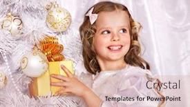  Presentation with child tree - Colorful slide deck enhanced with child with gift box near white christmas tree isolated backdrop and a coral colored foreground