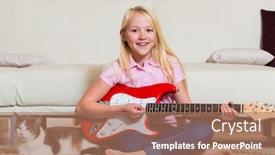  Presentation with guitar - Amazing presentation design having child with guitar making music at home in the living room backdrop and a coral colored foreground