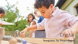 Presentation with craftsman - Audience pleasing presentation design consisting of child-with-measuring-tape backdrop and a lemonade colored foreground