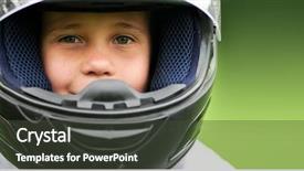  Presentation with motorcycle safety - Presentation theme having child with motorbike helmet safety background and a dark gray colored foreground