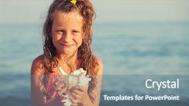  Presentation with sea shell - PPT theme featuring child with shell summer vacation background and a ocean colored foreground