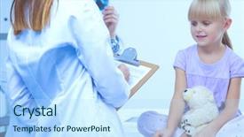  Presentation with doctor examining a newborn baby - Amazing slide deck having child with stethoscope at surgery backdrop and a  colored foreground