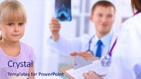  Presentation with doctor examining a newborn baby - PPT theme featuring child with stethoscope at surgery background and a sky blue colored foreground