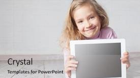  Presentation with floor - PPT theme with digital children - child with tablet lying background and a light gray colored foreground