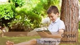  Presentation with child boy hold basket - Slide deck having child with tablet pc outdoors background and a coral colored foreground