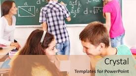  Presentation with classroom - Cool new PPT theme with child with teacher in classroom backdrop and a coral colored foreground