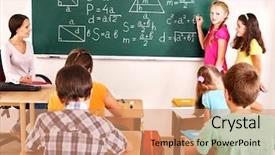  Presentation with classroom - Amazing PPT theme having child with teacher in classroom backdrop and a  colored foreground