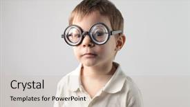  Presentation with thick glasses - Beautiful PPT theme featuring child with thick glasses backdrop and a soft green colored foreground