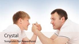  Presentation with wrestling - Cool new slide deck with child wrestle - father and son in arm-wrestling backdrop and a  colored foreground