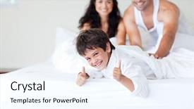  Presentation with family worship - Presentation theme featuring child wrestle - happy family together on bed background and a cool aqua colored foreground
