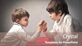  Presentation with wrestling - Colorful PPT theme enhanced with child wrestle - two children doing arm wrestling backdrop and a coral colored foreground