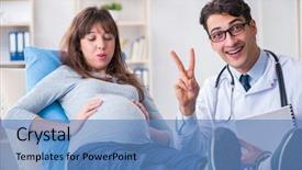  Presentation with doctor visiting family a new born - Presentation theme having childbirth - pregnant woman visiting doctor background and a teal colored foreground
