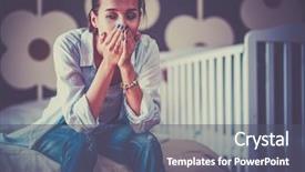  Presentation with tired - Theme featuring childbirth - young tired woman sitting background and a dark gray colored foreground