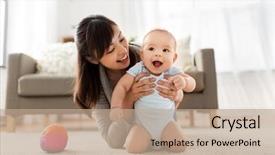  Presentation with happy baby - Beautiful slides featuring childcare - family and motherhood concept backdrop and a coral colored foreground