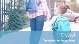  Presentation with childcare - Beautiful theme featuring childcare - parent taking child to school backdrop and a teal colored foreground