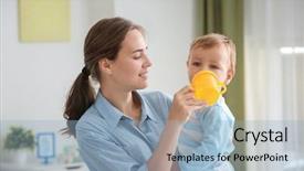  Presentation with baby feeding products - Audience pleasing presentation theme consisting of childcare - woman feeding her baby backdrop and a light blue colored foreground