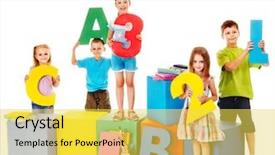  Presentation with children education - Theme having childeren blocks education - happy children sitting at cube background and a yellow colored foreground