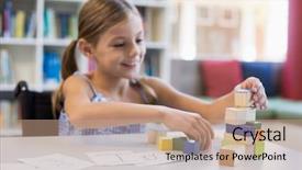  Presentation with school building - Colorful PPT theme enhanced with childeren blocks education - smiling school girl playing backdrop and a coral colored foreground