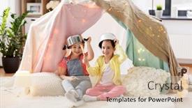  Presentation with cooking kids - Colorful PPT theme enhanced with childhood and hygge concept - happy little girls with cooking pots playing in kids tent at home backdrop and a soft green colored foreground