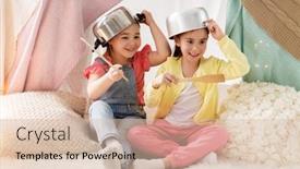  Presentation with cooking kids - Slide deck with childhood and hygge concept - happy little girls with cooking pots playing in kids tent at home background and a lemonade colored foreground