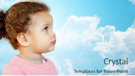  Presentation with african american baby - Audience pleasing theme consisting of childhood and people concept - beautiful african american little baby girl portrait over blue sky and clouds background backdrop and a sky blue colored foreground