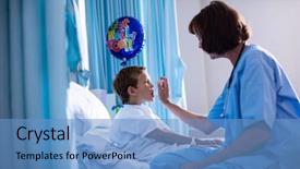  Presentation with female hospital patient - Theme having childhood asthma - female doctor using inhaler background and a teal colored foreground